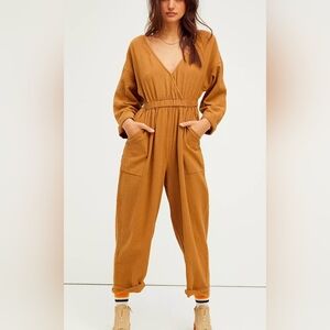 Free People Simply the Best One Piece Waffle Jumpsuit Pockets Tan Savannah M